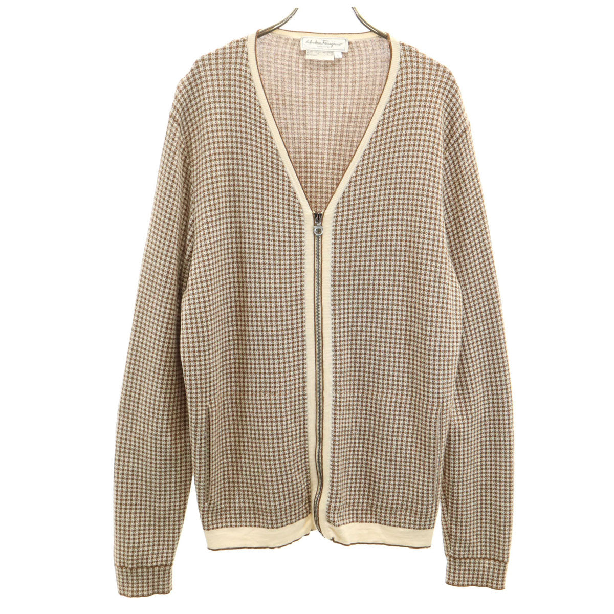 Salvatore Ferragamo サルヴァトーレフェラガモ イタリア製 シルクブレンド 総柄 長袖 フルジップ ニットカーディガン L ブラウン メンズ