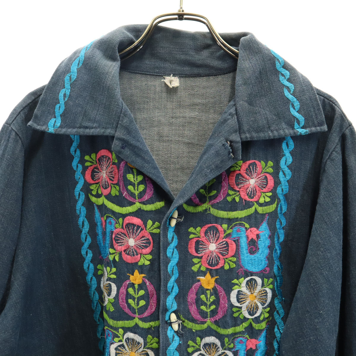 80s 90s オールド 花刺繍 シャツジャケット 40 ネイビー メンズ
