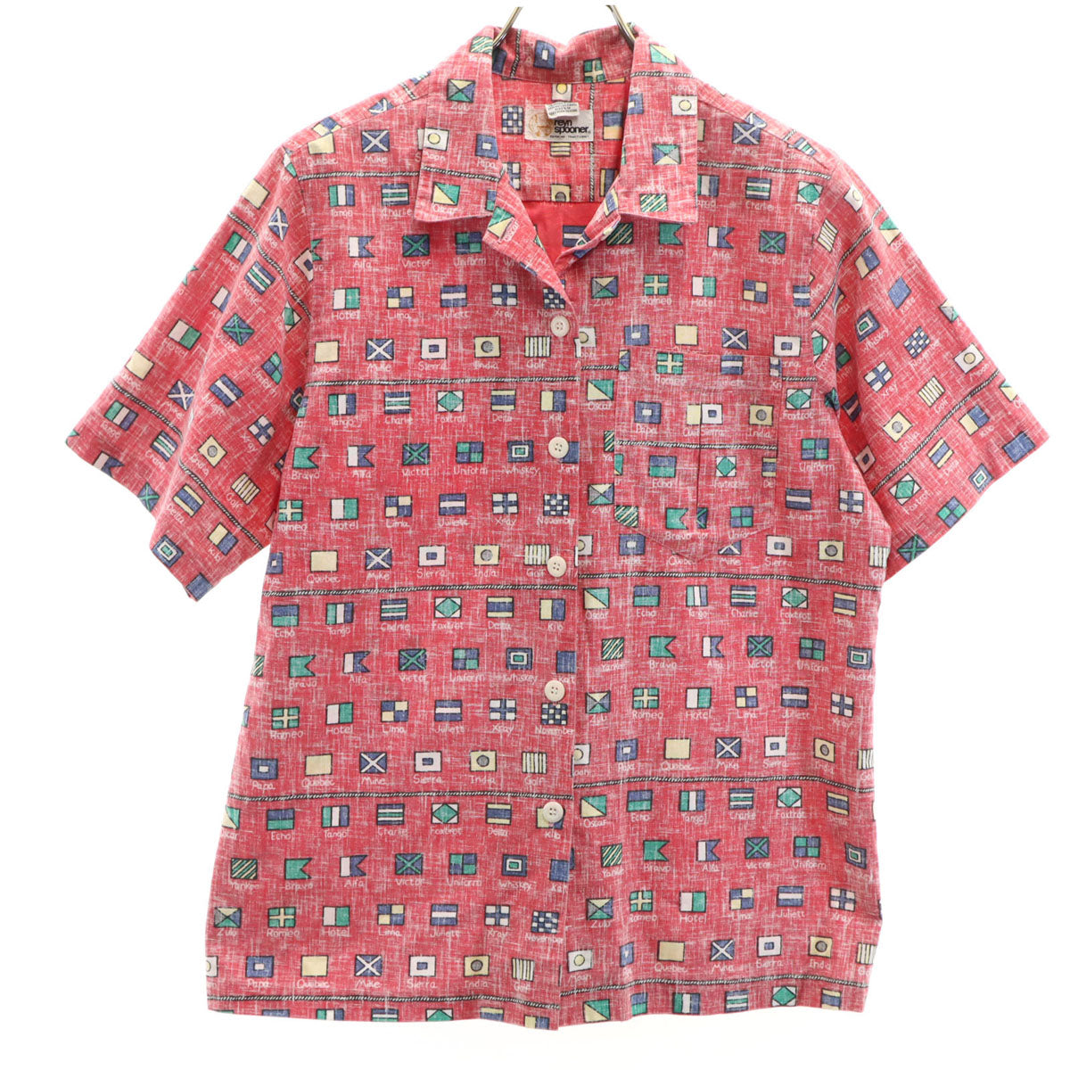 reyn spooner レインスプーナー 80s ヴィンテージ 金タグ リバースプリント 国旗柄 半袖 アロハシャツ S レッド レディース