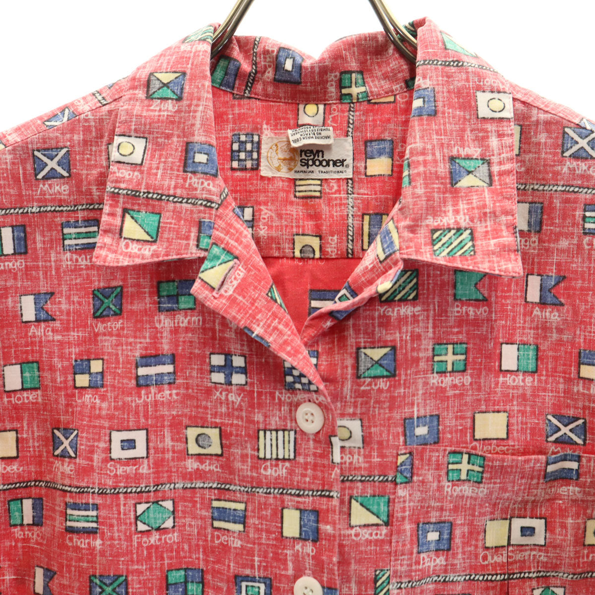 reyn spooner レインスプーナー 80s ヴィンテージ 金タグ リバースプリント 国旗柄 半袖 アロハシャツ S レッド レディース