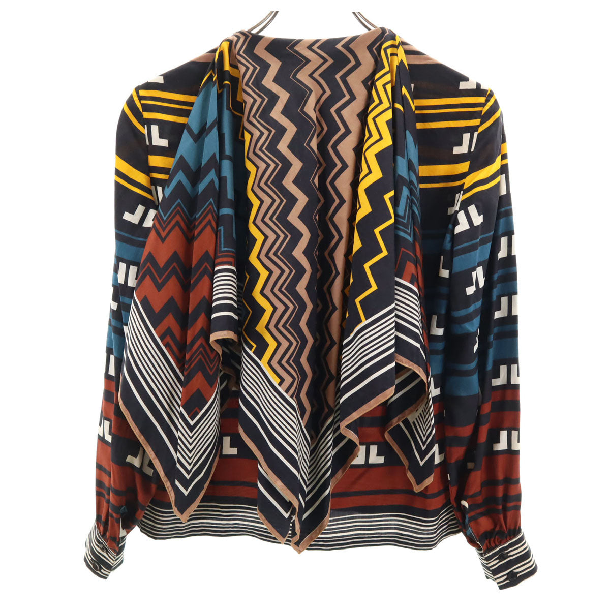 LANVIN ランバン 80s フランス製 シルク100％ ヴィンテージ 総柄 長袖 スカーフドッキング シャツ 38 黒系 レディース