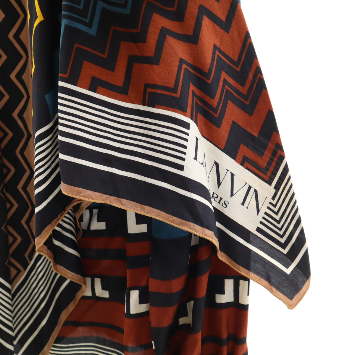 LANVIN ランバン 80s フランス製 シルク100％ ヴィンテージ 総柄 長袖 スカーフドッキング シャツ 38 黒系 レディース