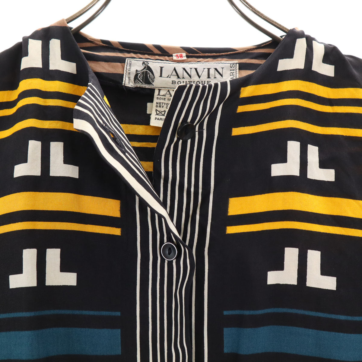 LANVIN ランバン 80s フランス製 シルク100％ ヴィンテージ 総柄 長袖 スカーフドッキング シャツ 38 黒系 レディース