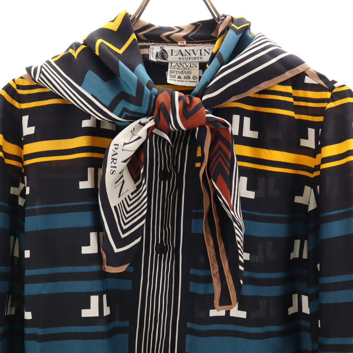 LANVIN ランバン 80s フランス製 シルク100％ ヴィンテージ 総柄 長袖 スカーフドッキング シャツ 38 黒系 レディース