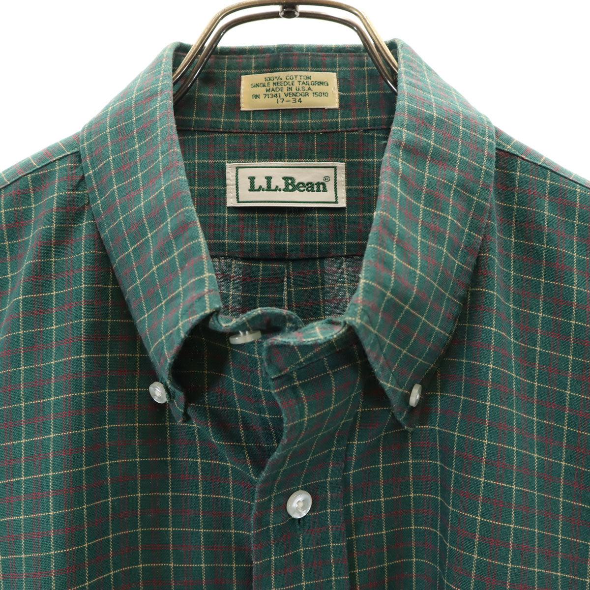 L.L.Bean エルエルビーン 80s USA製 ヴィンテージ チェック柄 長袖 ボタンダウンシャツ 17-34 グリーン アウトドア メンズ