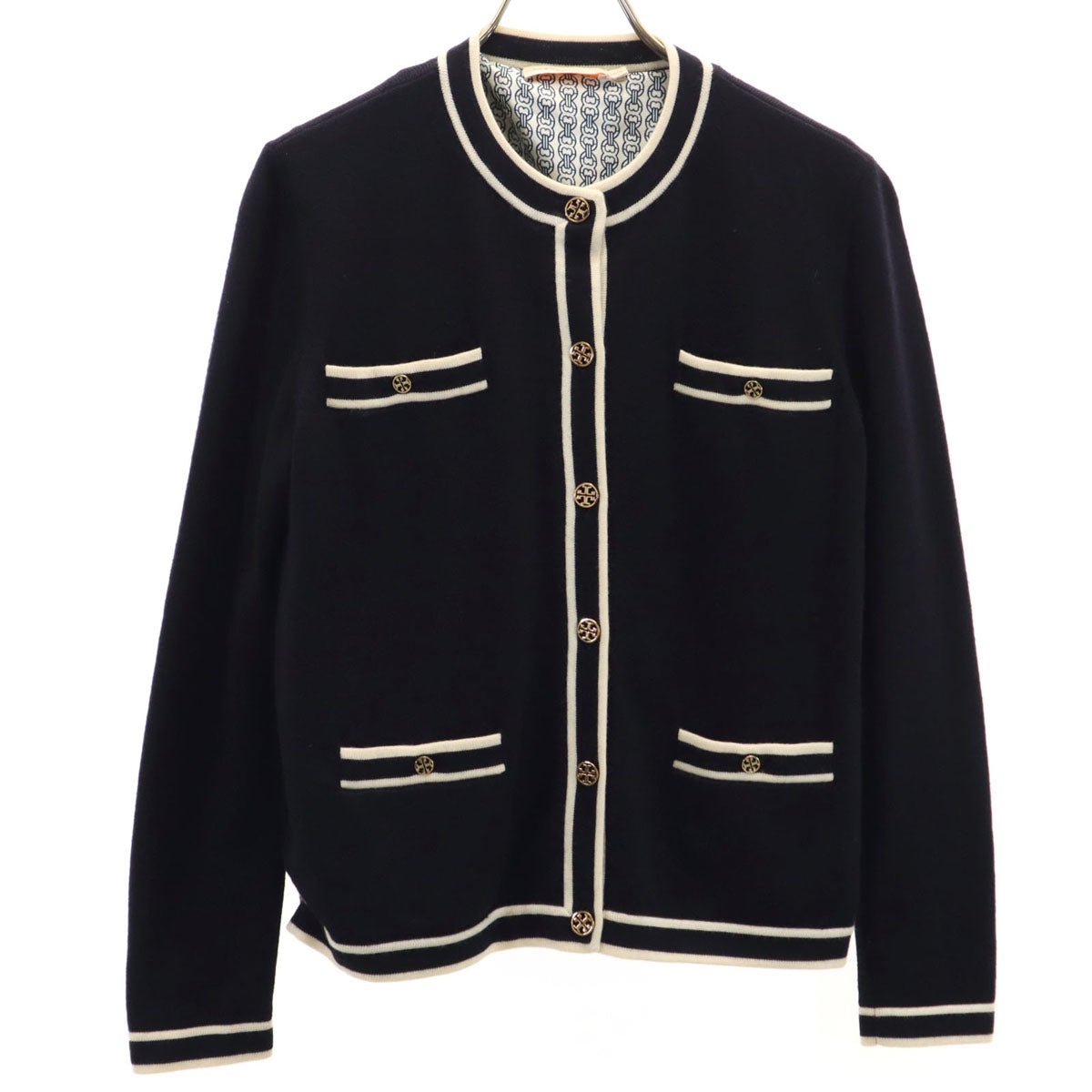Tory Burch トリーバーチ ウール ノーカラー ニットジャケット XS ネイビー レディース