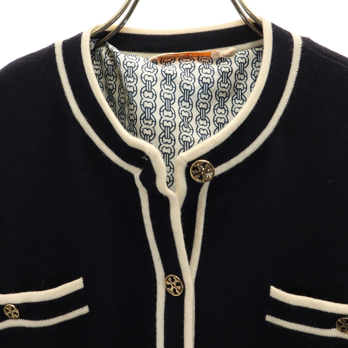 Tory Burch トリーバーチ ウール ノーカラー ニットジャケット XS ネイビー レディース