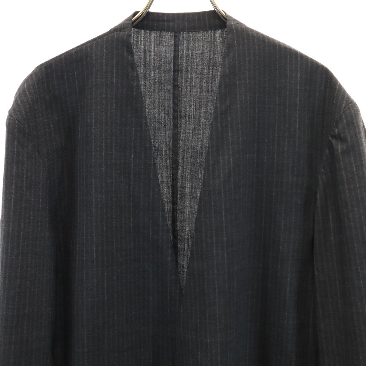 COLINA コリーナ 日本製 ストライプ柄 ノーカラージャケット L グレー メンズ