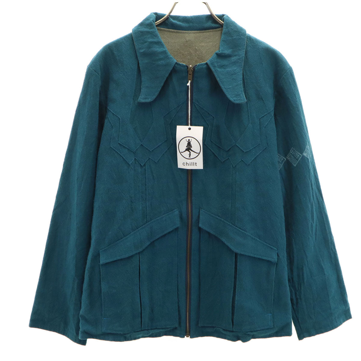 CHILLT リネンブレンド パッチワーク ジャケット L ターコイズ リバーシブル メンズ