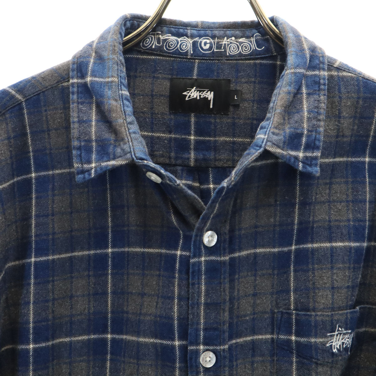 STUSSY ステューシー 日本製 チェック柄 長袖 ネルシャツ L ネイビー メンズ