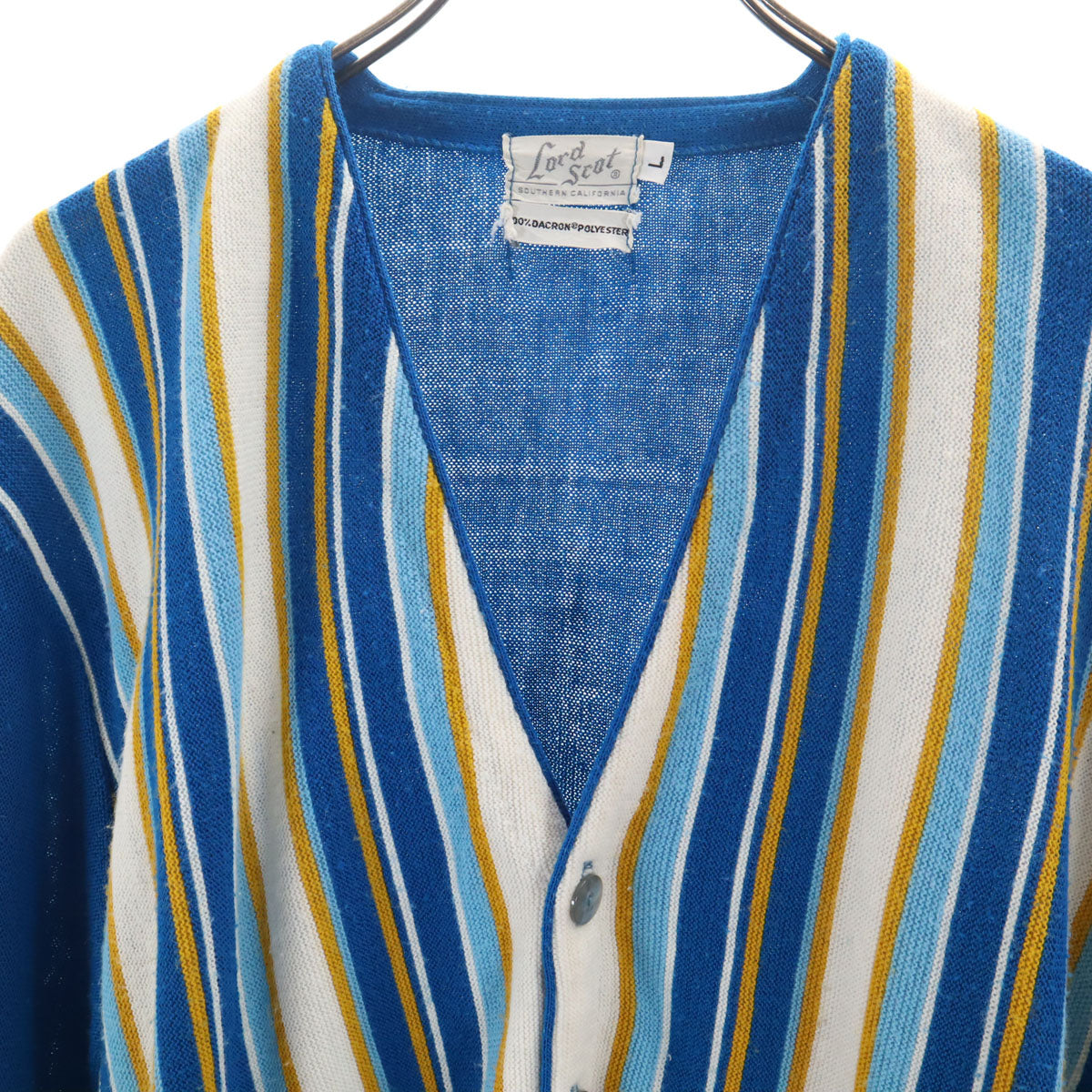 Lord Scot 80s ヴィンテージ ストライプ柄 長袖 Vネック ニットカーディガン L ブルー系 メンズ