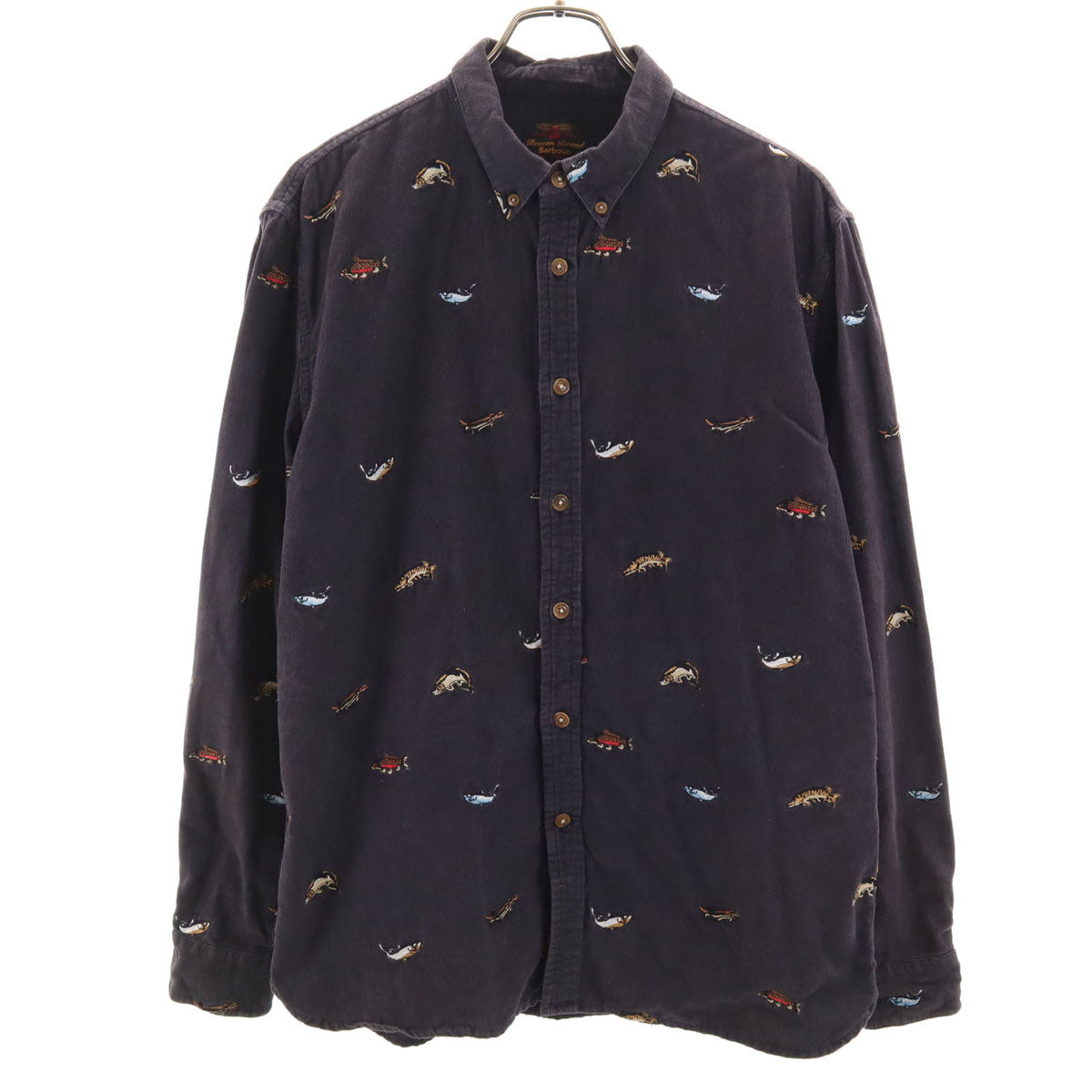 Barbour バブアー フィッシュ刺繍 長袖 コーデュロイ ボタンダウンシャツ M チャコールグレー 魚 メンズ
