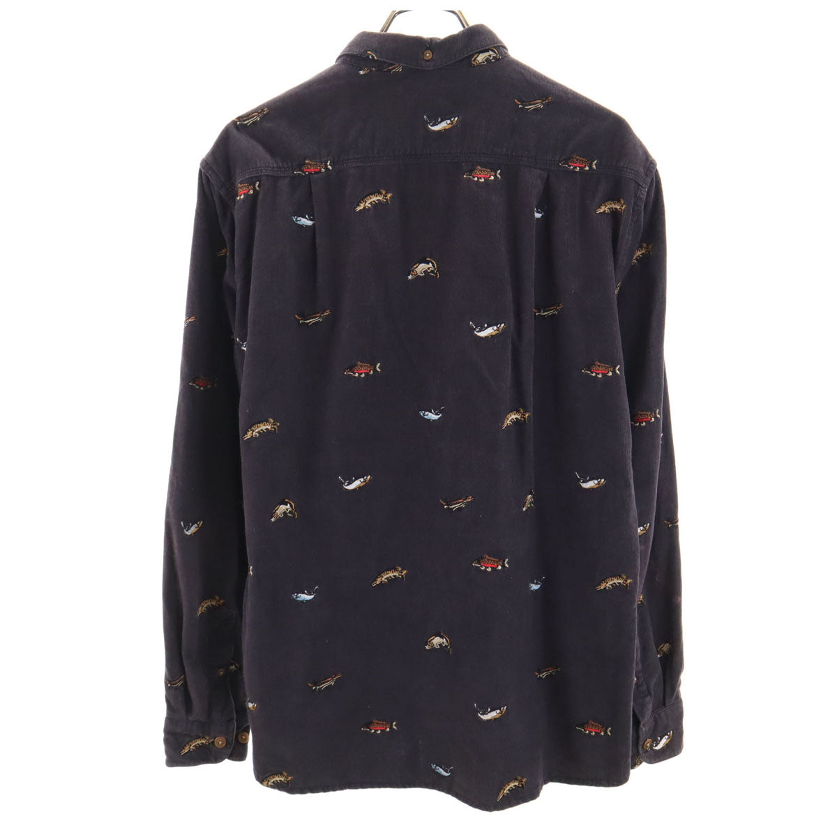 Barbour バブアー フィッシュ刺繍 長袖 コーデュロイ ボタンダウンシャツ M チャコールグレー 魚 メンズ