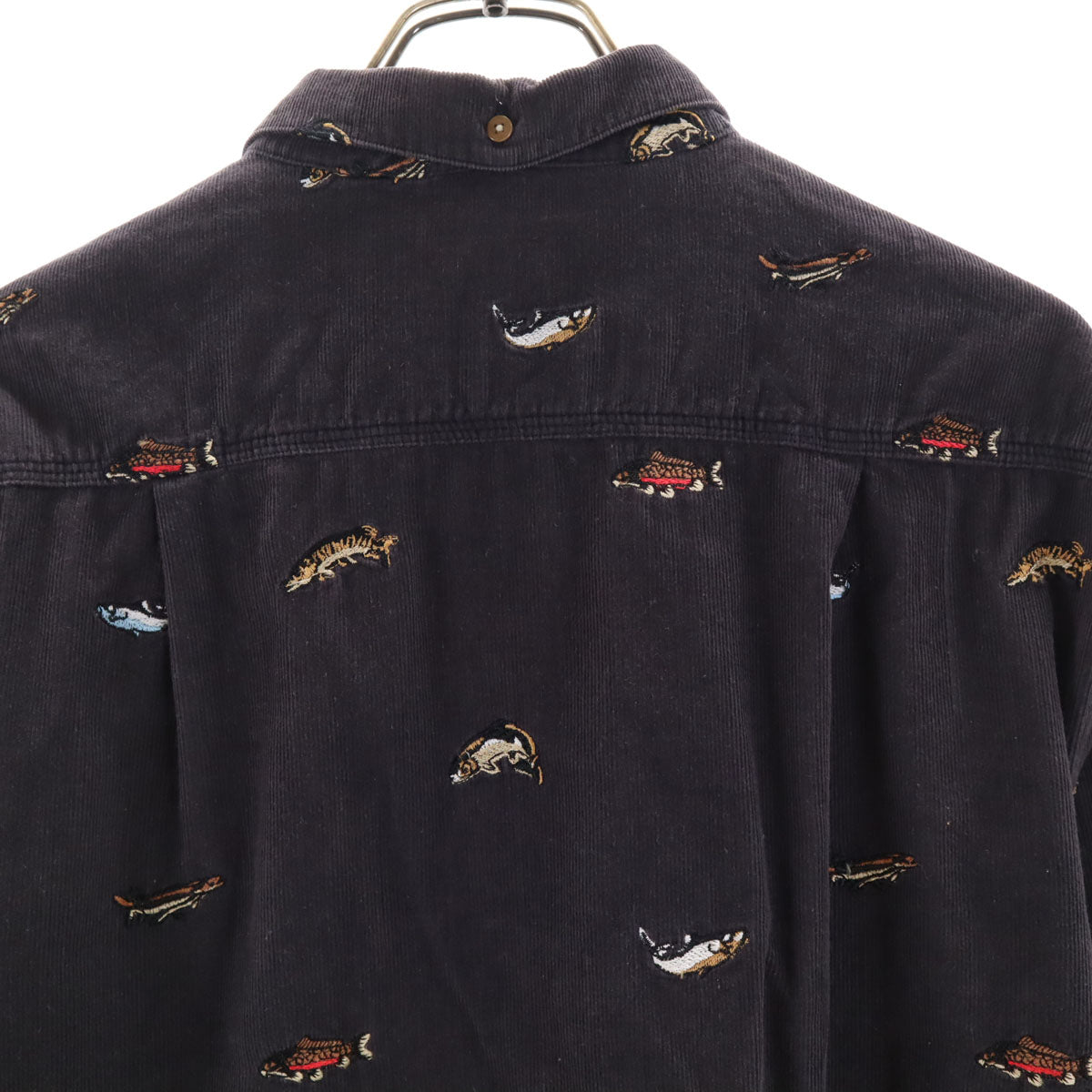 Barbour バブアー フィッシュ刺繍 長袖 コーデュロイ ボタンダウンシャツ M チャコールグレー 魚 メンズ