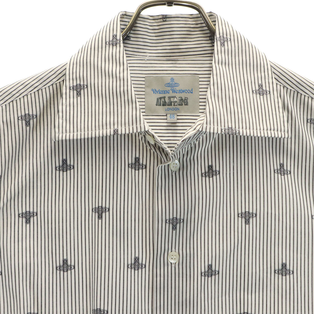 Vivienne WestwoodMAN ヴィヴィアンウエストウッドマン 日本製 ストライプ オーブ柄 長袖 コットンシャツ 48 ホワイト メンズ