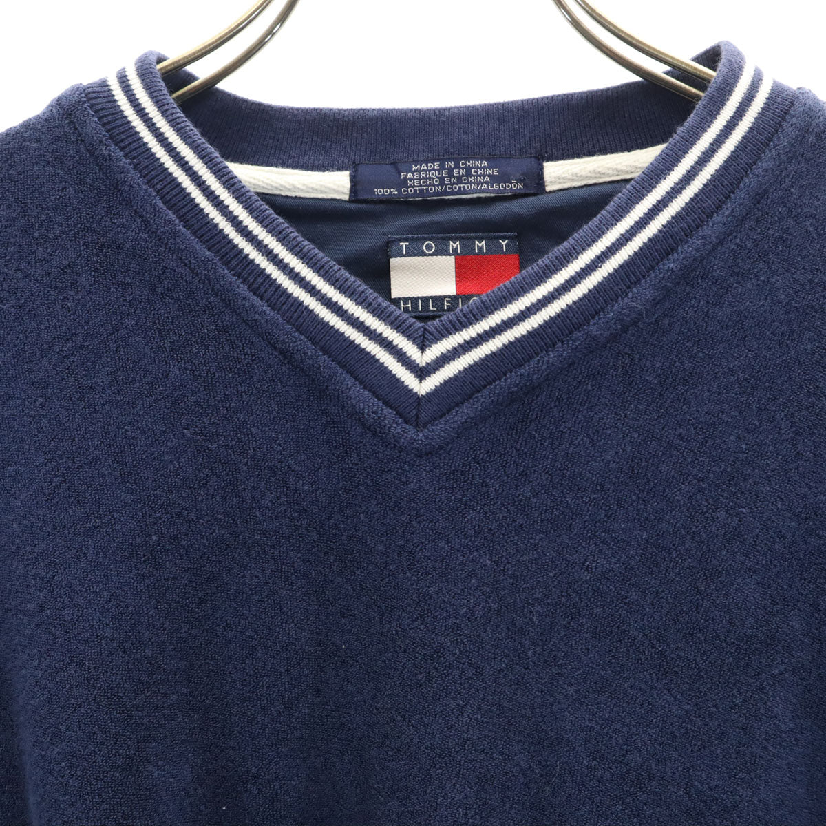 TOMMY HILFIGER トミーヒルフィガー 90s オールド 半袖 パイル地 Vネック Tシャツ S ネイビー メンズ