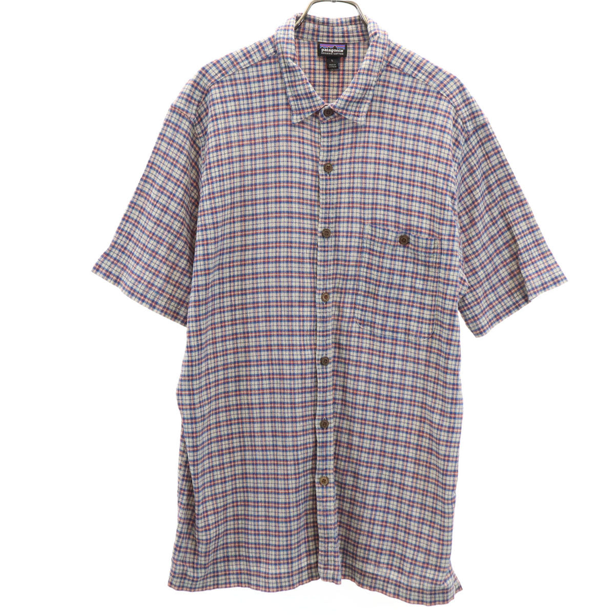 patagonia パタゴニア チェック柄 半袖 楊柳クレープ コットンシャツ L グレージュ系 アウトドア 52921SP16 メンズ