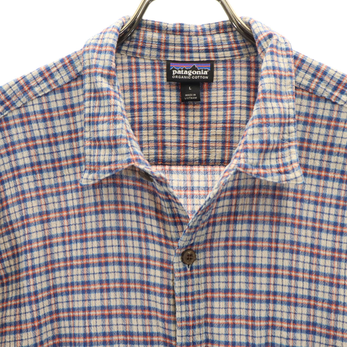 patagonia パタゴニア チェック柄 半袖 楊柳クレープ コットンシャツ L グレージュ系 アウトドア 52921SP16 メンズ