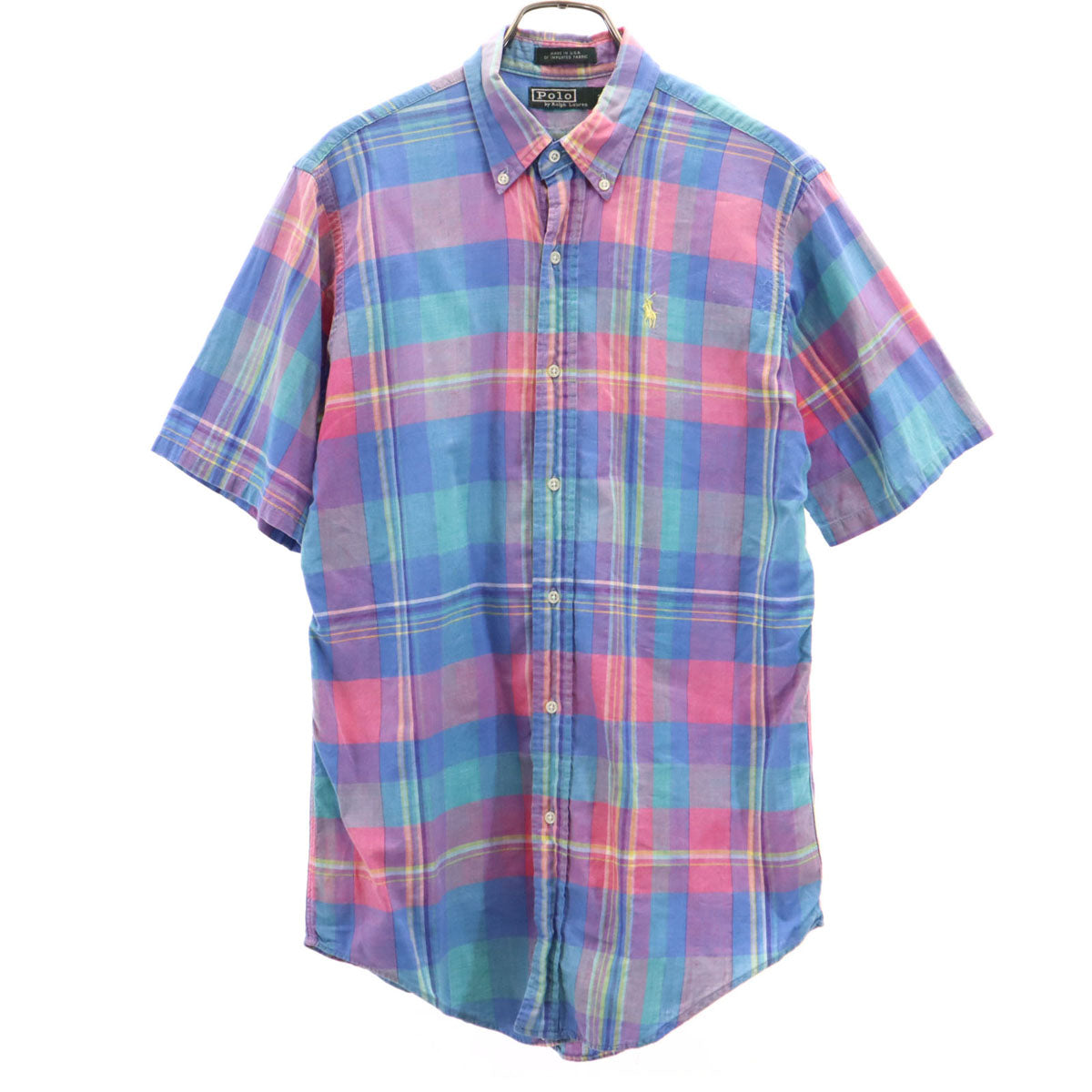 Polo by Ralph Lauren ポロバイラルフローレン 80s USA製 ボーイズ ヴィンテージ 緑タグ マドラスチェック柄 半袖 ボタンダウンシャツ 20 ブルー系 キッズ