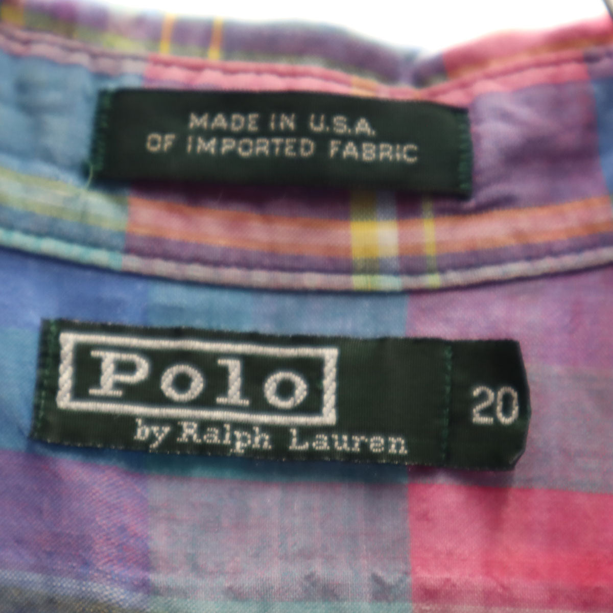 Polo by Ralph Lauren ポロバイラルフローレン 80s USA製 ボーイズ ヴィンテージ 緑タグ マドラスチェック柄 半袖 ボタンダウンシャツ 20 ブルー系 キッズ