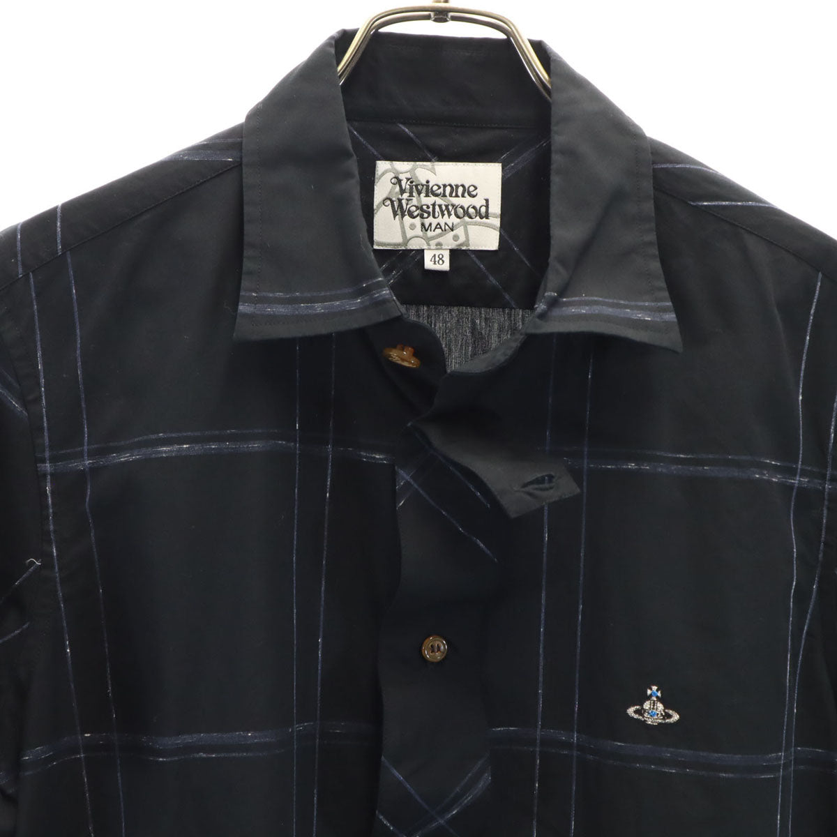Vivienne WestwoodMAN ヴィヴィアンウエストウッドマン 日本製 チェック柄 半袖 ネクタイ シャツ 48 ブラック メンズ