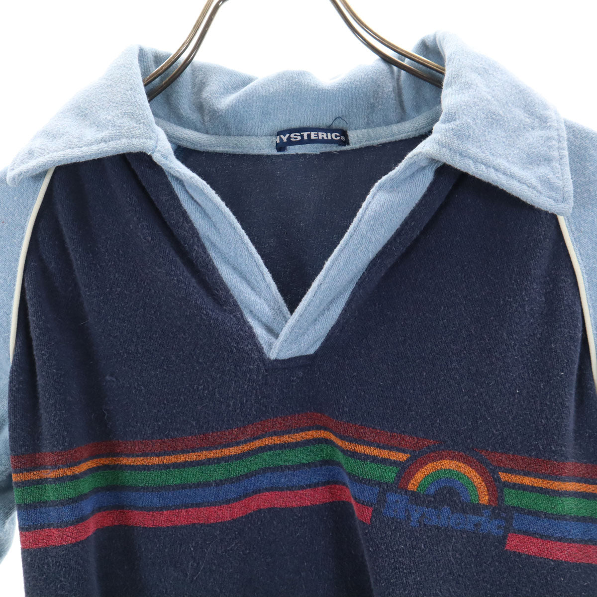 HYSTERIC ヒステリック 日本製 長袖 Vネック パイル地 ポロシャツ F ネイビー ヒステリックグラマー レディース