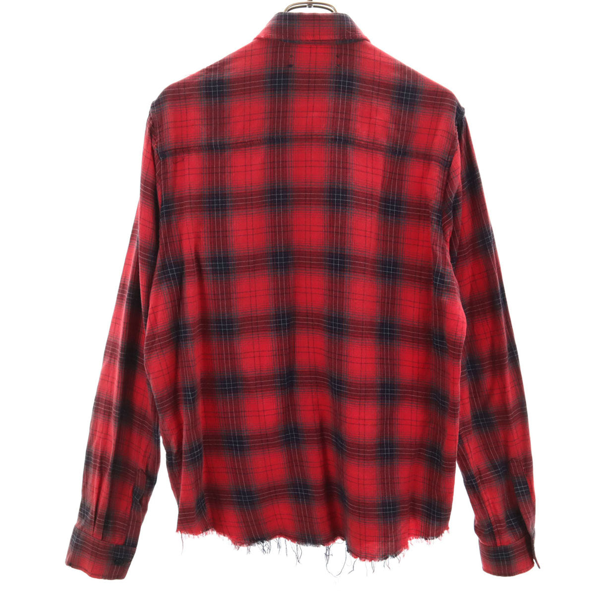 AMIRI アミリ USA製 カシミヤブレンド チェック柄 長袖 カットオフ加工 シャツ S レッド系 メンズ
