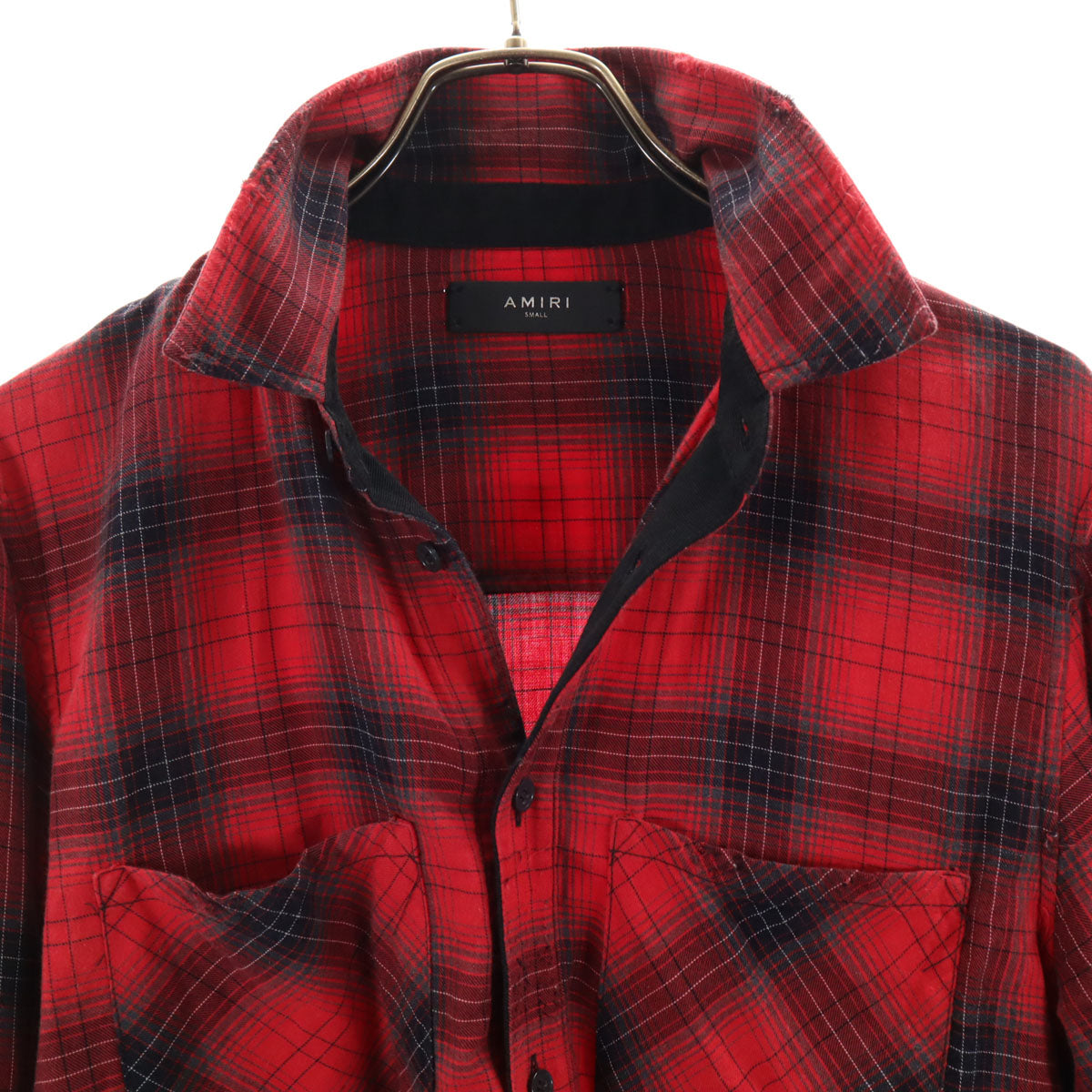 AMIRI アミリ USA製 カシミヤブレンド チェック柄 長袖 カットオフ加工 シャツ S レッド系 メンズ