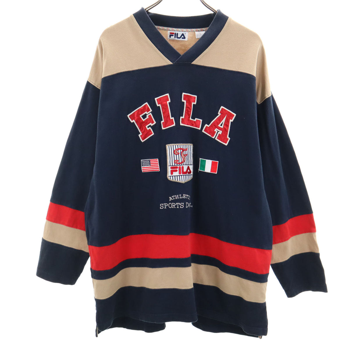 FILA フィラ 90s オールド 長袖 Vネック Tシャツ L ネイビー ロンT メンズ