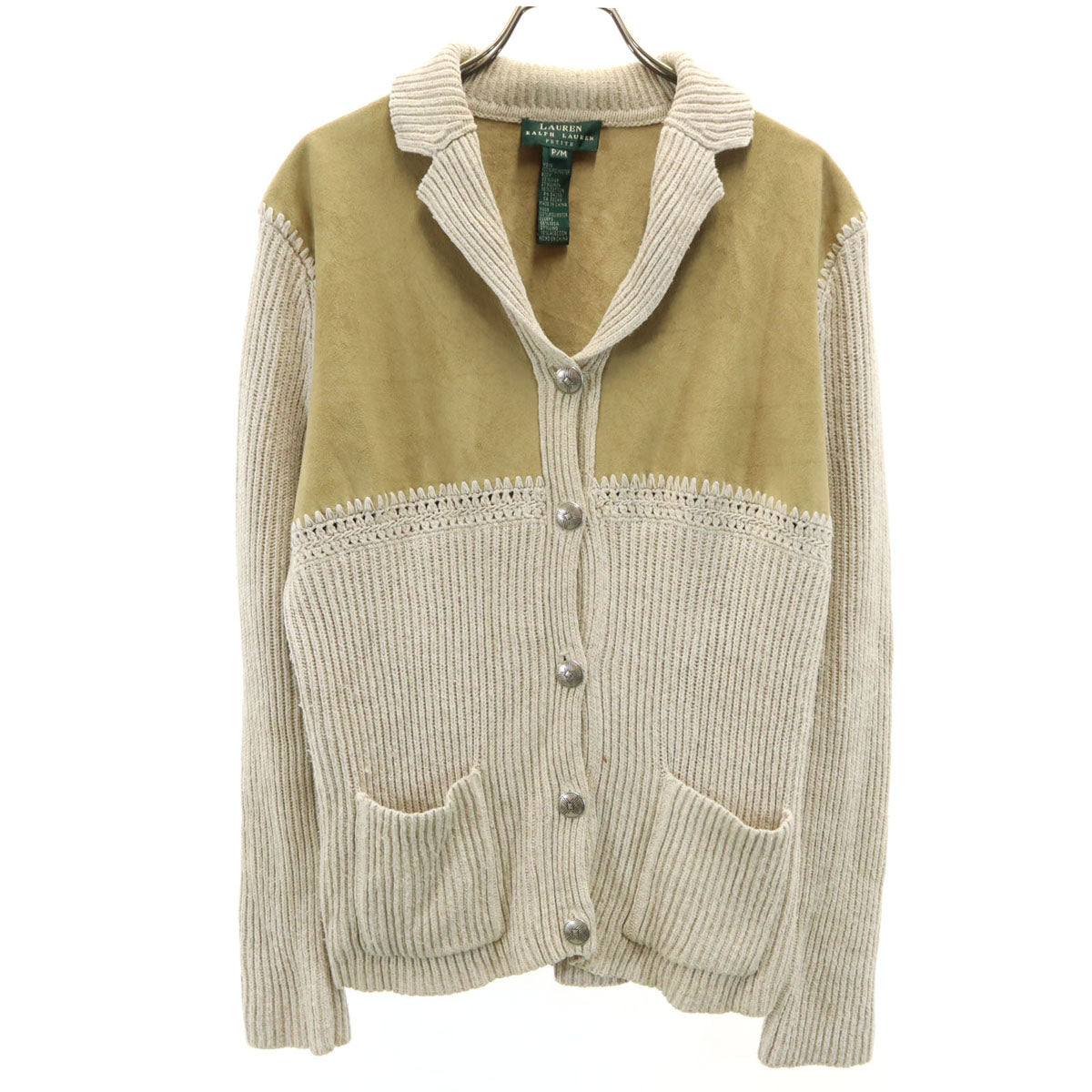 RALPH LAUREN PETITE ラルフローレン ペティート シルク リネンブレンド フェイクスエード切替 ニットジャケット P/M ベージュ レディース