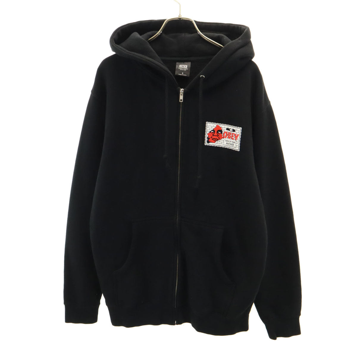 OBEY オベイ バックプリント 長袖 ジップパーカー S 黒 裏起毛 メンズ