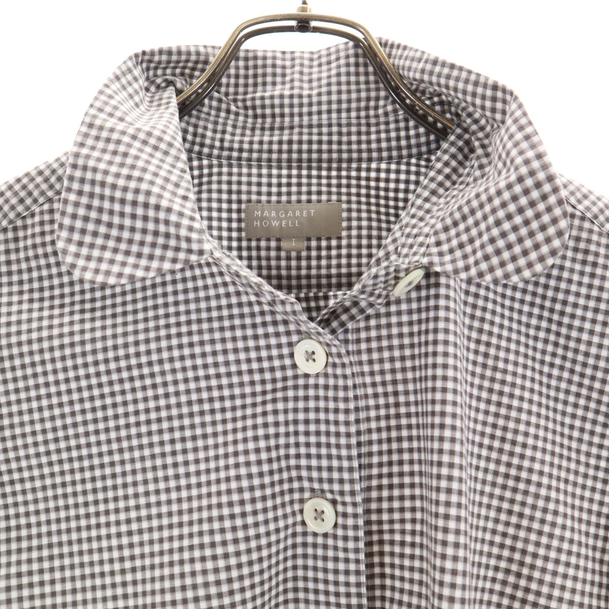 MARGARET HOWELL マーガレットハウエル 日本製 リネンブレンド ギンガムチェック 5分袖 プルオーバー シャツ 1 ホワイト レディース