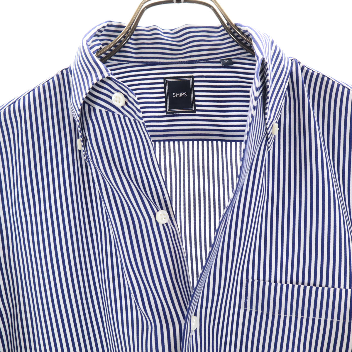 SHIPS シップス 日本製 ストライプ柄 長袖 ボタンダウンシャツ 37 ネイビー メンズ