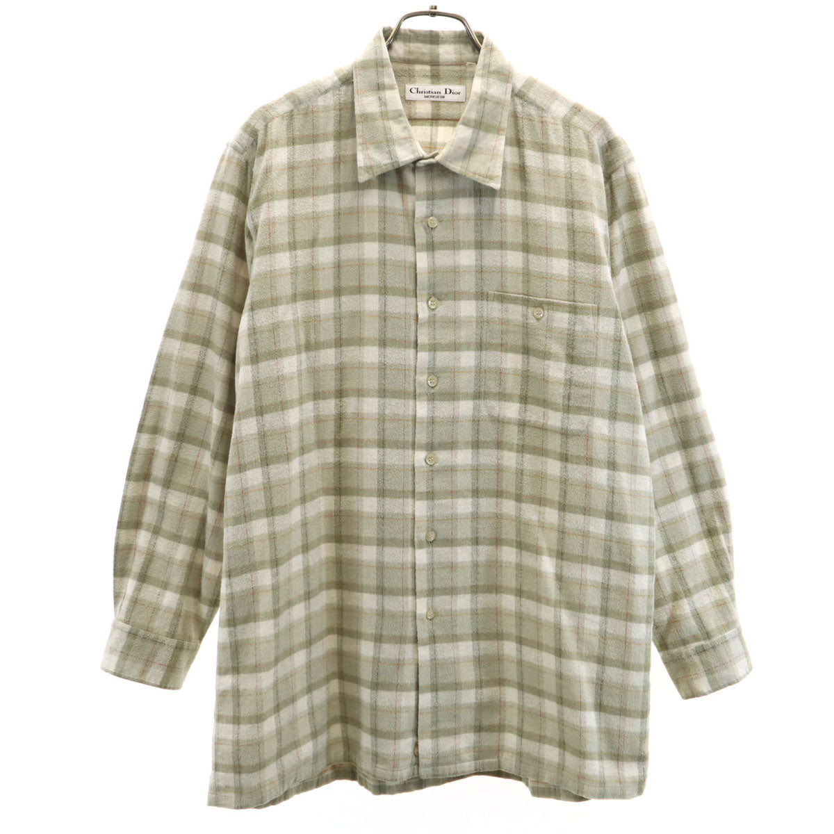 Christian Dior MONSIEUR クリスチャンディオール ムッシュ 90s オールド チェック柄 長袖 ネルシャツ LL グリーングレー系 メンズ