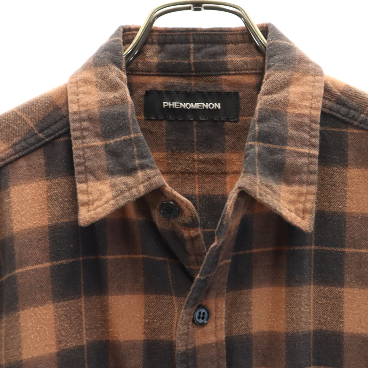 PHENOMENON フェノメノン 日本製 チェック柄 長袖 コットンシャツ L オレンジ系 メンズ