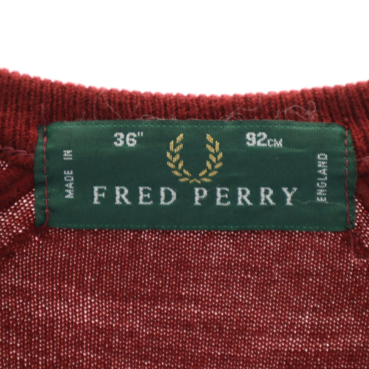 FRED PERRY フレッドペリー イングランド製 長袖 Vネック ニット 36 レッド系 メンズ