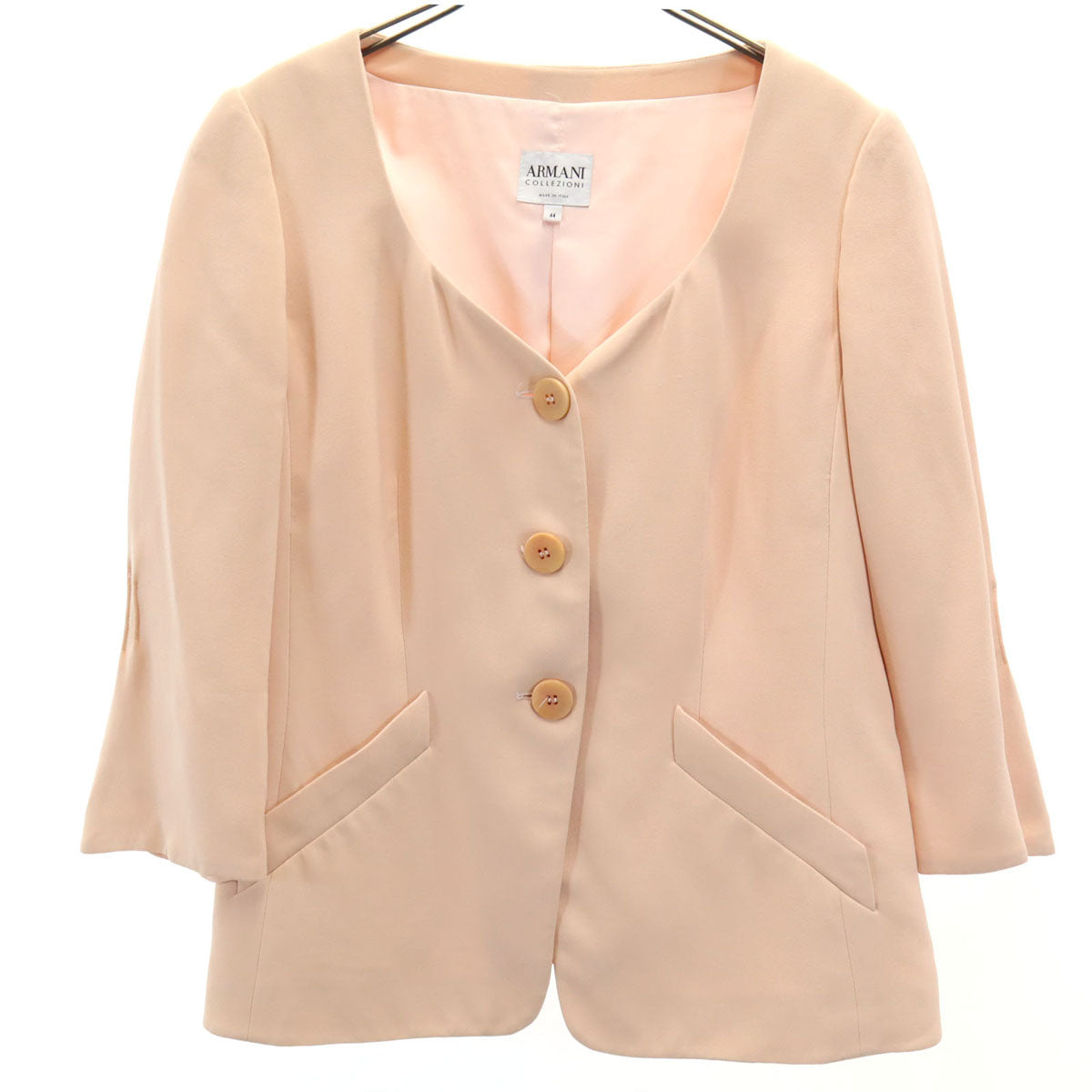 ARMANI アルマーニ イタリア製 シルク100％ 7分袖 ノーカラージャケット 44 ピンク COLLEZIONI レディース