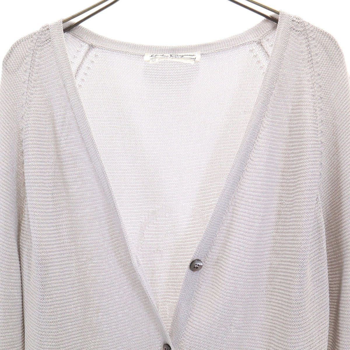 Salvatore Ferragamo サルヴァトーレフェラガモ 90s イタリア製 シルク オールド 長袖 Vネック ニットカーディガン M グレー レディース