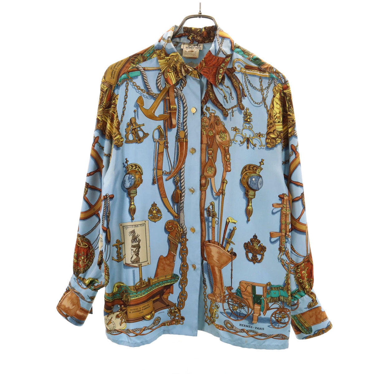 HERMES エルメス フランス製 シルク 総柄 長袖 シャツ 40 水色 レディース