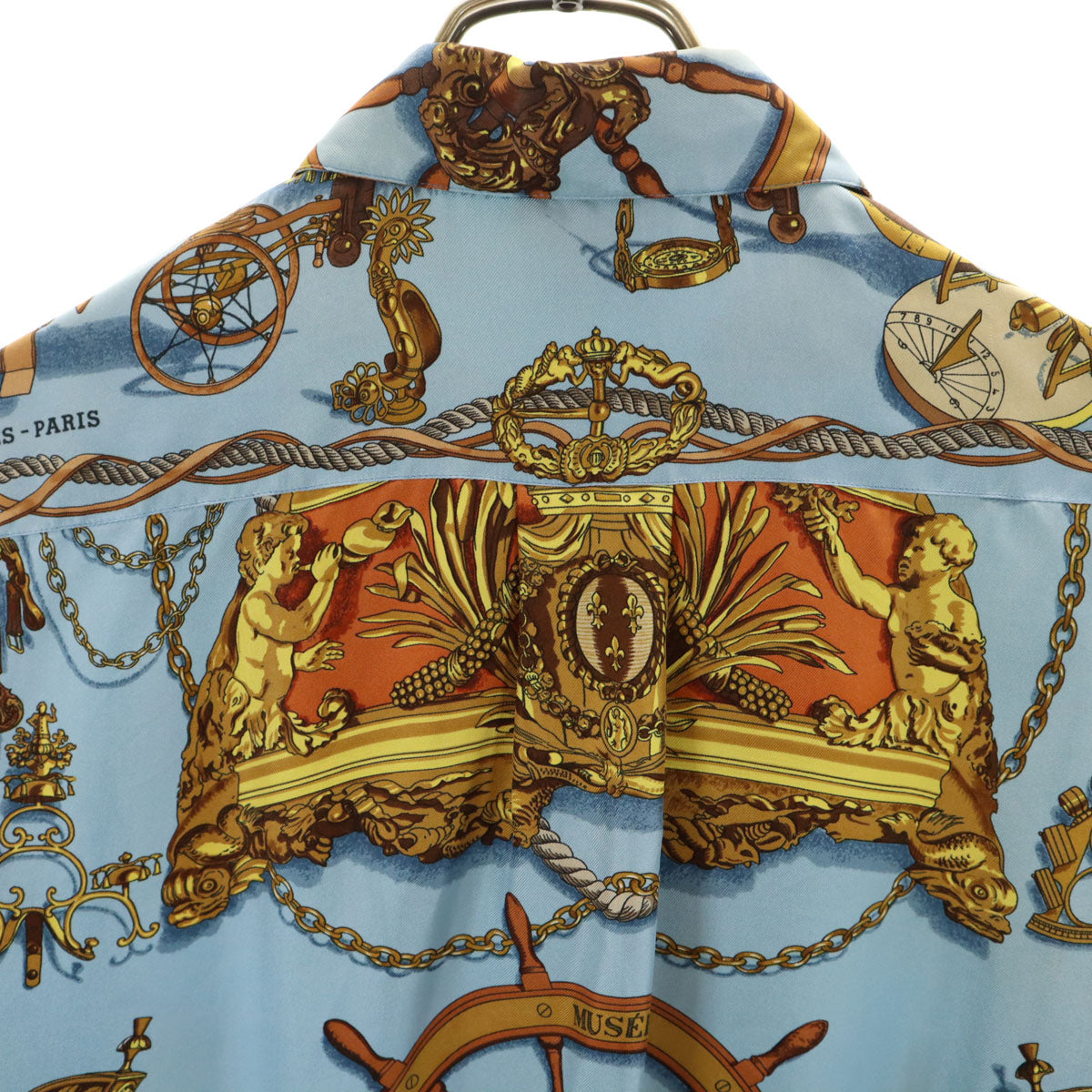 HERMES エルメス フランス製 シルク 総柄 長袖 シャツ 40 水色 レディース