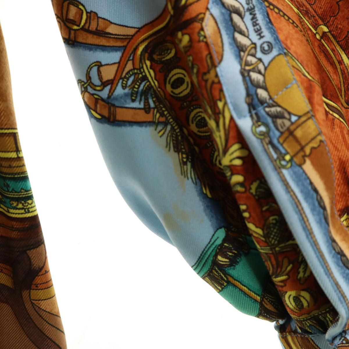 HERMES エルメス フランス製 シルク 総柄 長袖 シャツ 40 水色 レディース