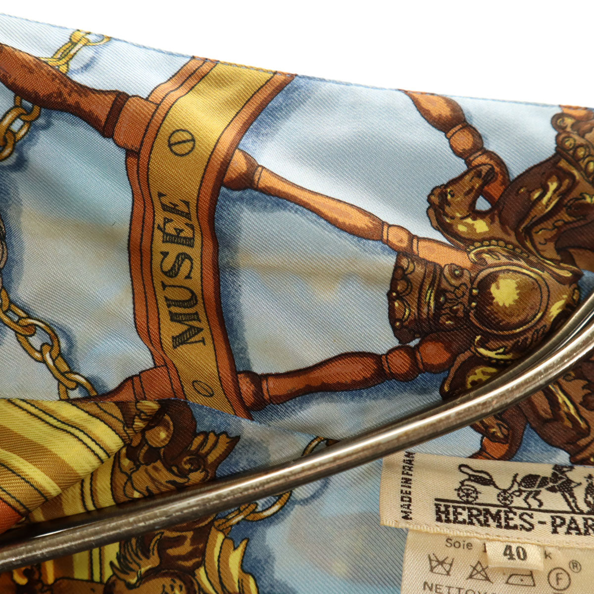 HERMES エルメス フランス製 シルク 総柄 長袖 シャツ 40 水色 レディース