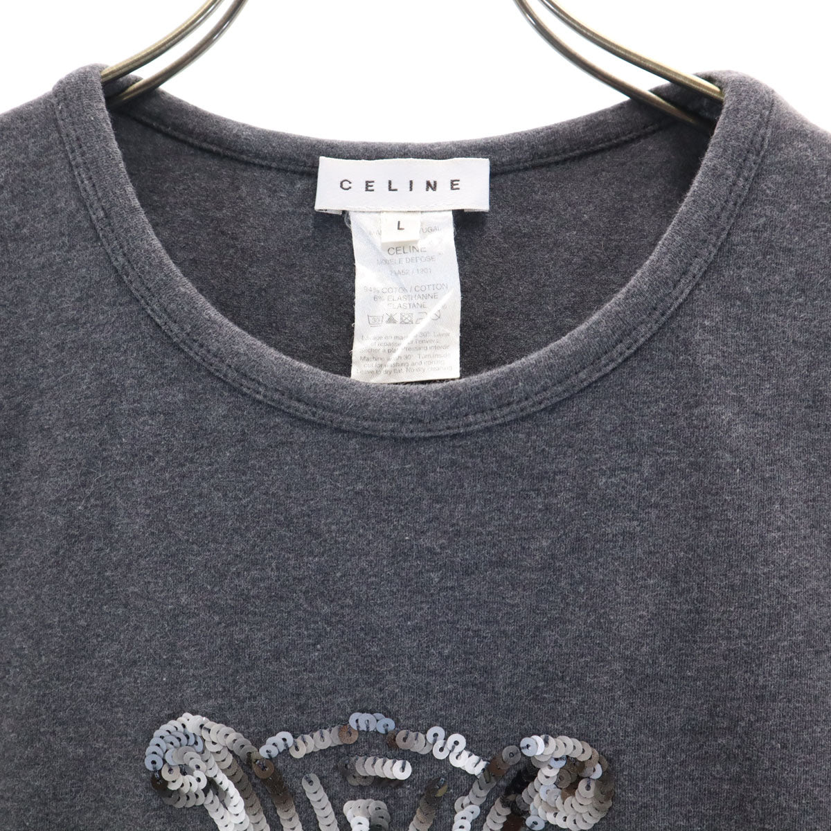 CELINE セリーヌ ポルトガル製 スパンコールロゴ 半袖 Tシャツ L チャコールグレー レディース