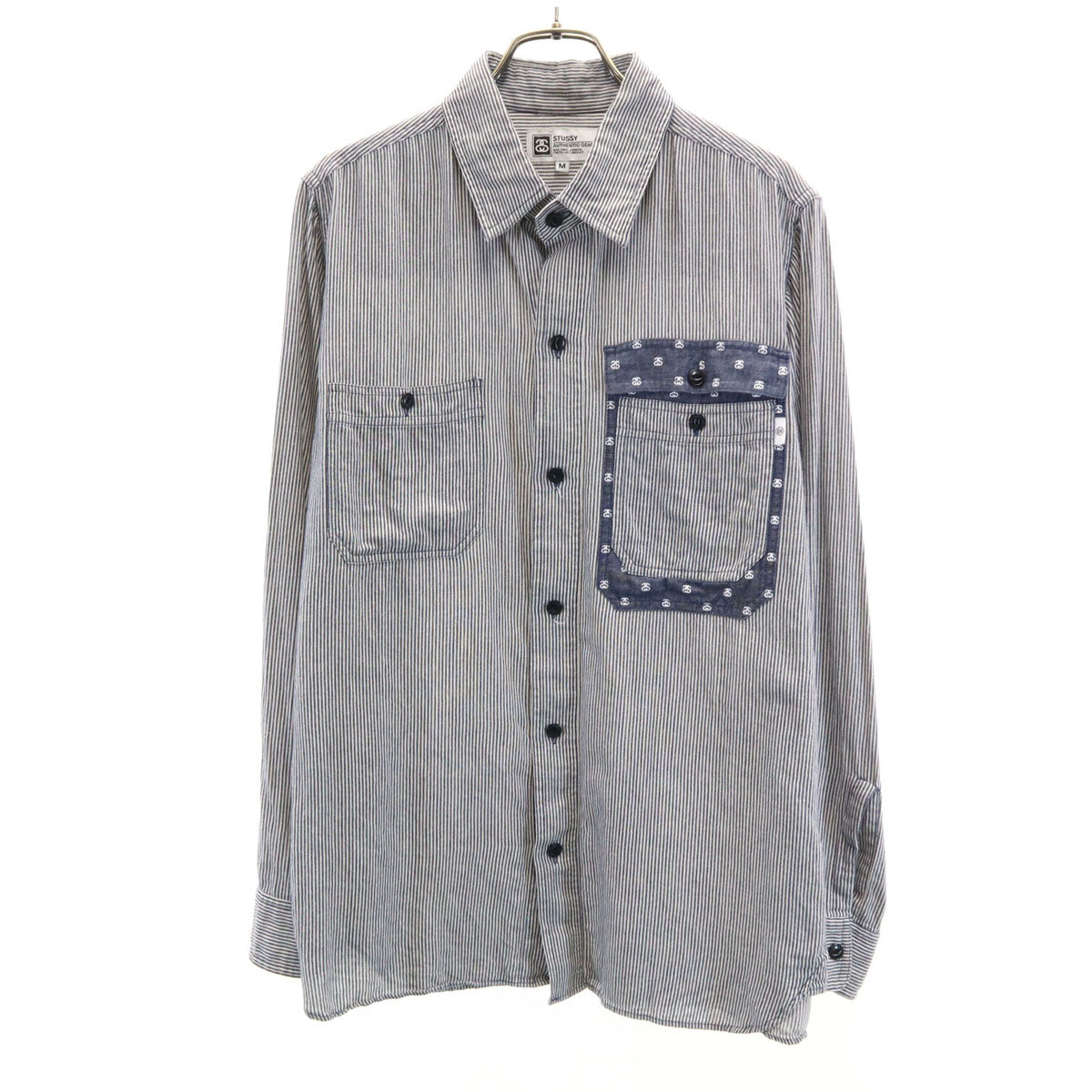 STUSSY ステューシー リネンブレンド ヒッコリーストライプ 長袖 シャツ M ネイビー メンズ