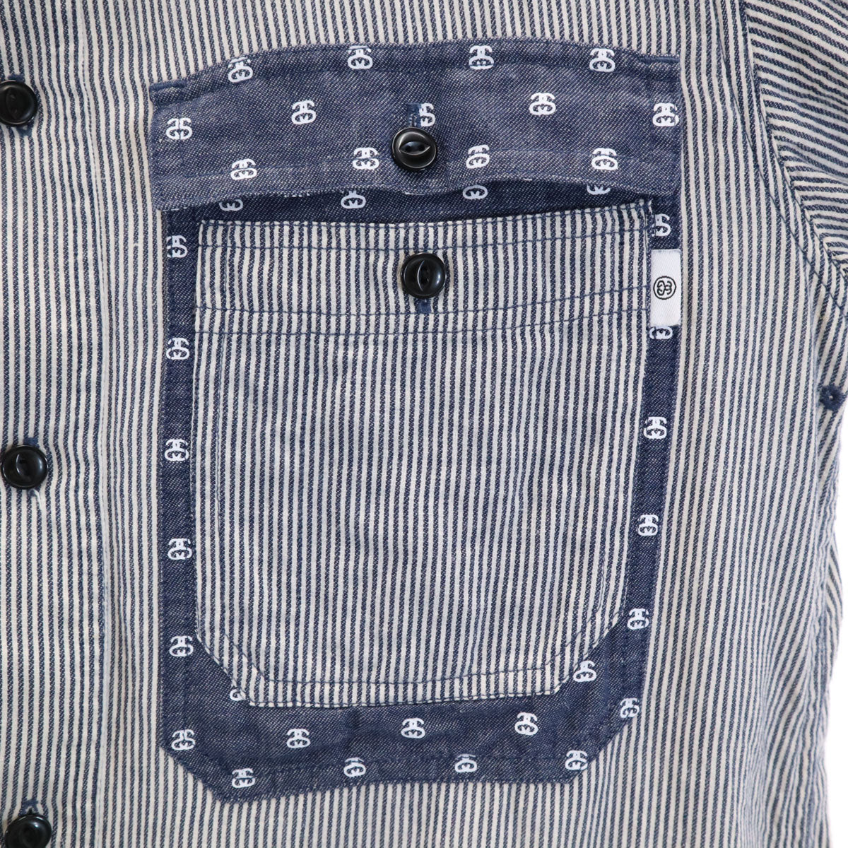 STUSSY ステューシー リネンブレンド ヒッコリーストライプ 長袖 シャツ M ネイビー メンズ