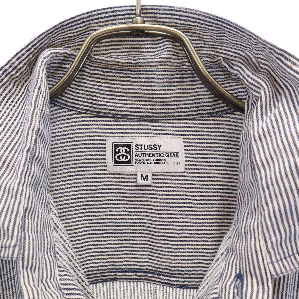 STUSSY ステューシー リネンブレンド ヒッコリーストライプ 長袖 シャツ M ネイビー メンズ