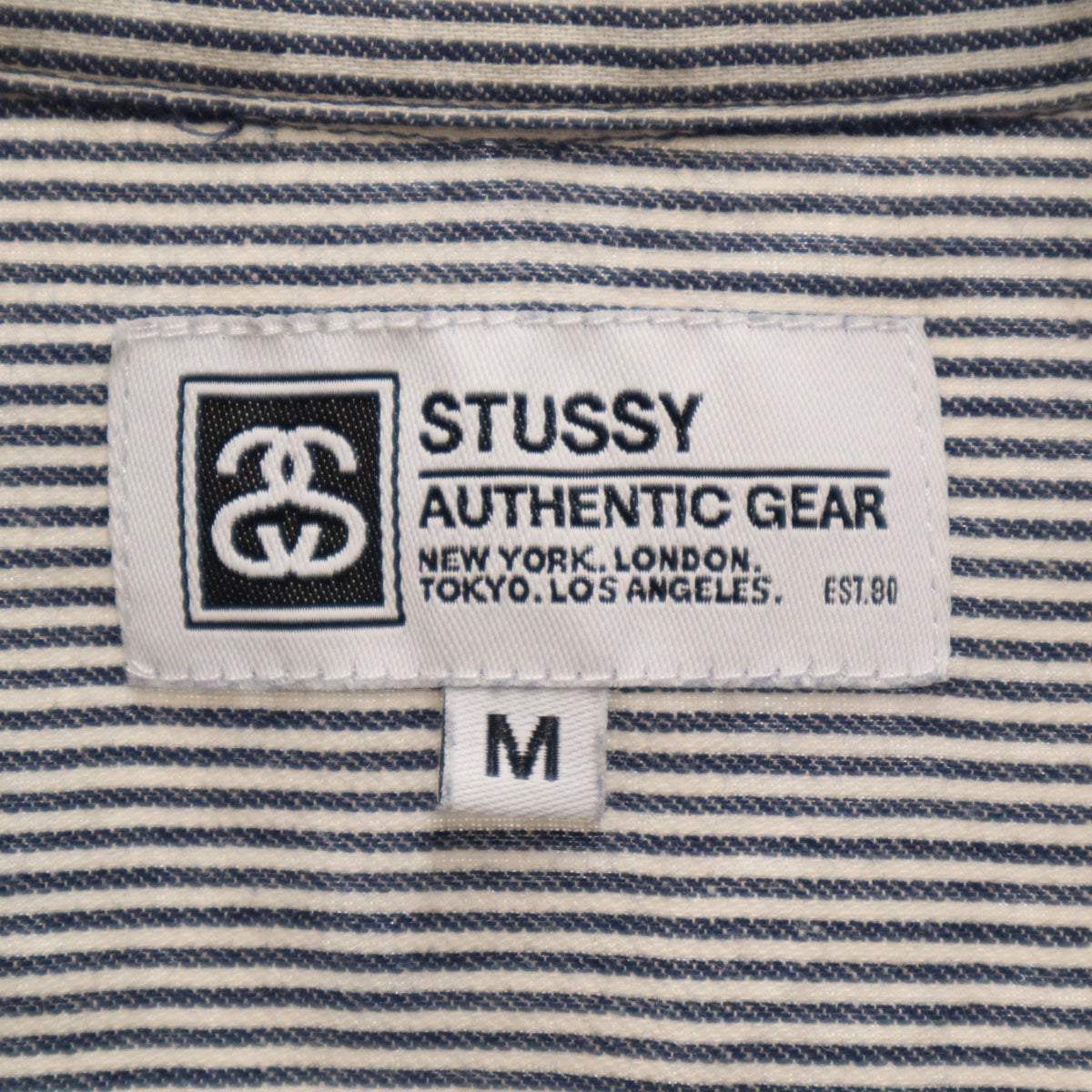 STUSSY ステューシー リネンブレンド ヒッコリーストライプ 長袖 シャツ M ネイビー メンズ