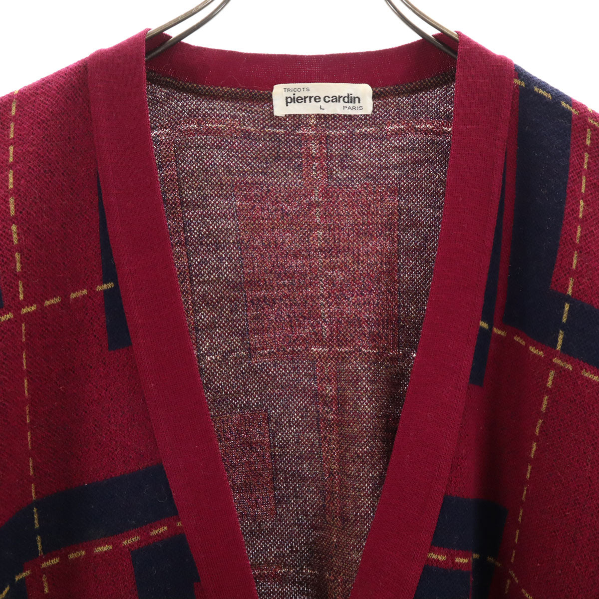 Pierre Cardin ピエールカルダン 90s オールド チェック柄 長袖 カーディガン L レッド系 メンズ