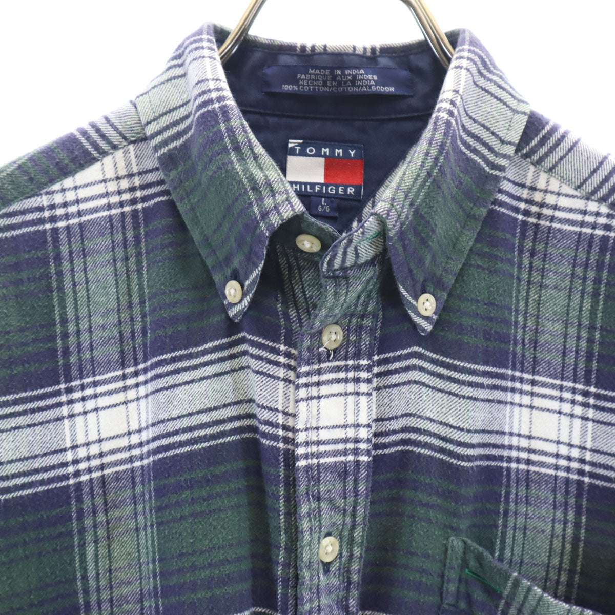 TOMMY HILFIGER トミーヒルフィガー 90s オールド フラッグタグ チェック柄 長袖 コットンネル ボタンダウンシャツ L ネイビー メンズ