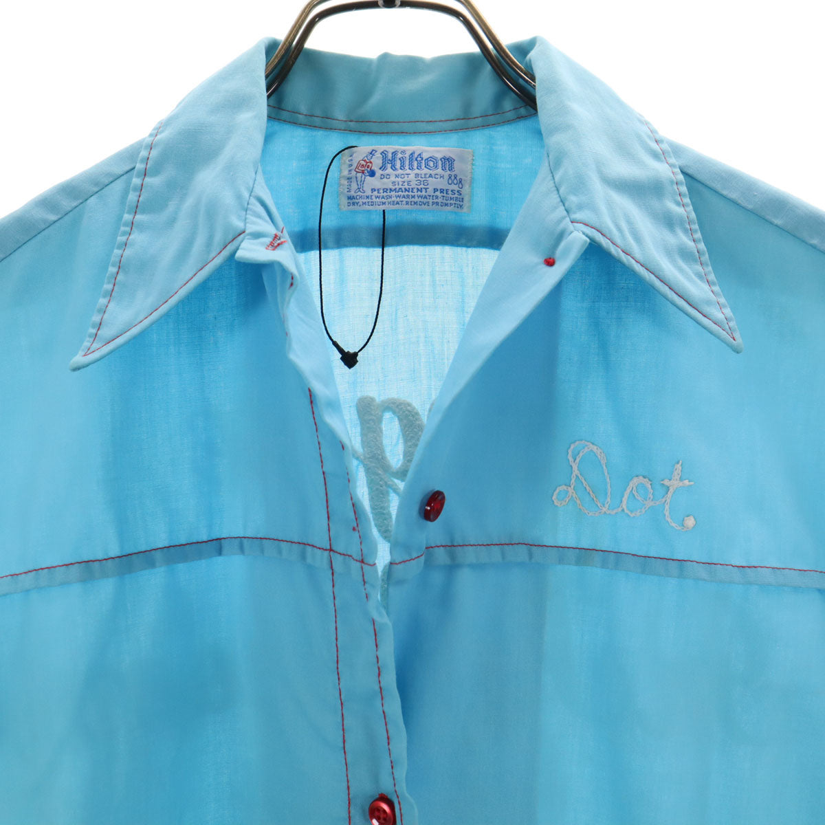 Hilton ヒルトン 70s USA製 ヴィンテージ チェーン刺繍 半袖 ボウリングシャツ 36 水色 レディース
